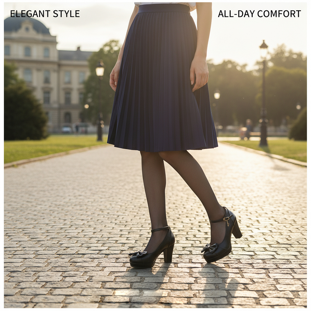 ComfyPulse Women's Black Bowknot Pumps - Ankle Strap Platform ChunkyShoes for Daily Wear & Party