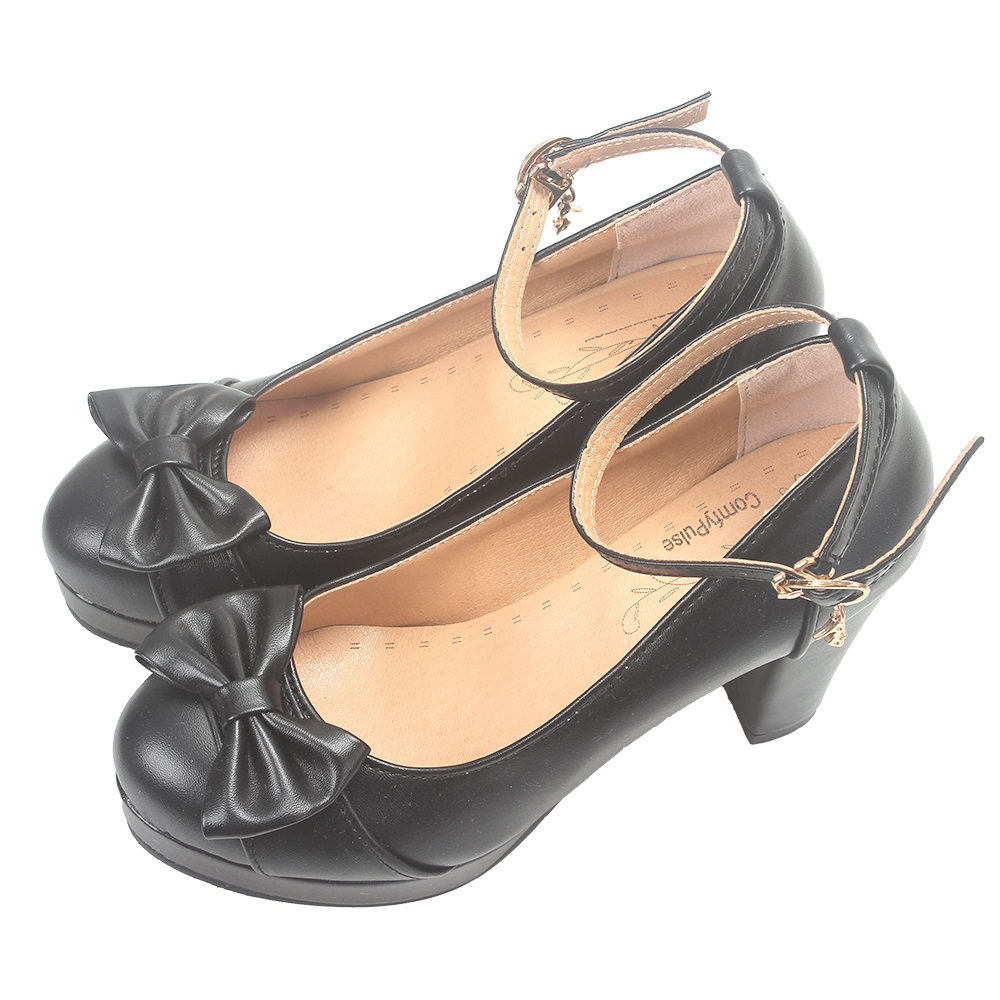 ComfyPulse Women's Black Bowknot Pumps - Ankle Strap Platform ChunkyShoes for Daily Wear & Party