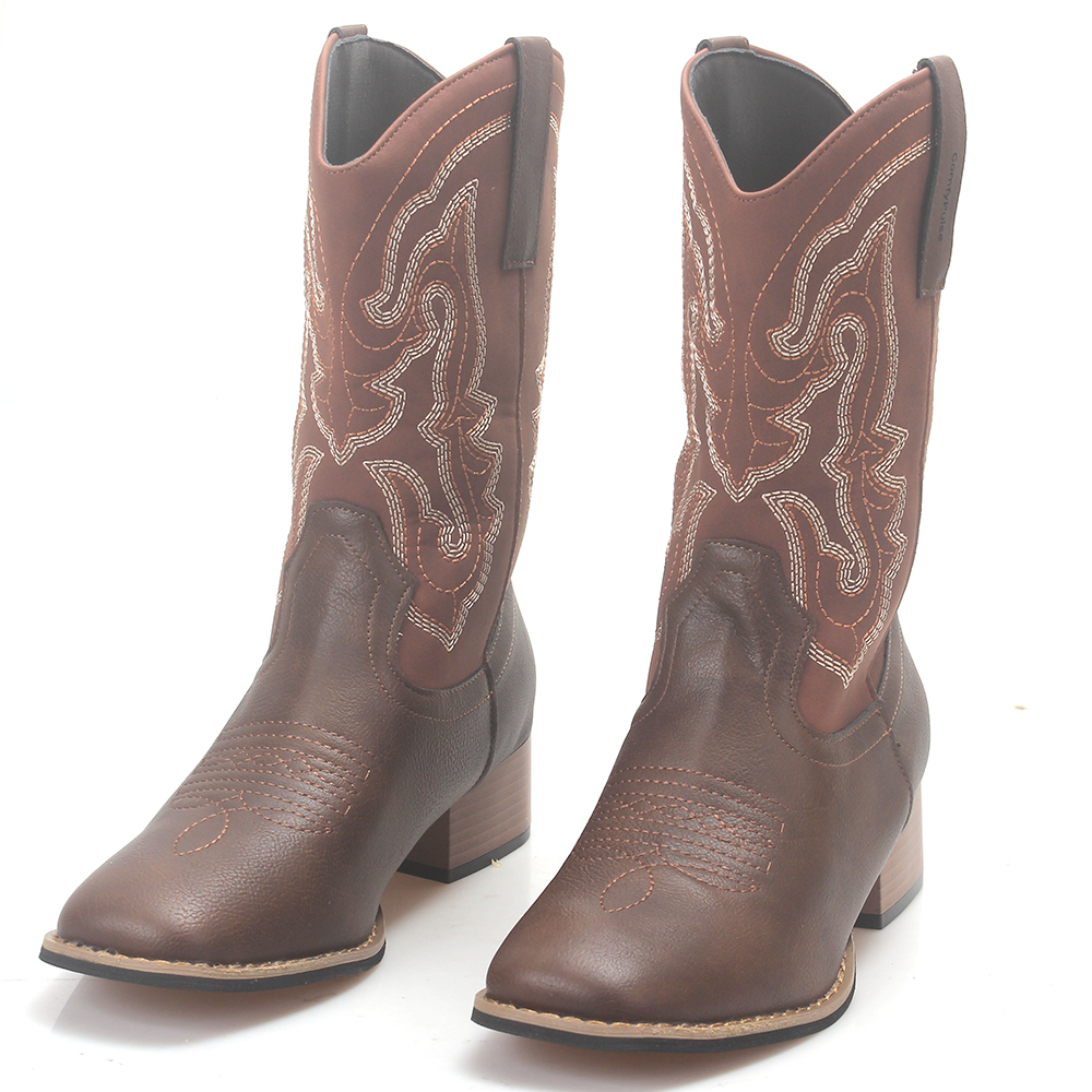 ComfyPulse Western Style Low Heel Comfort Cowboy Boots - Women's Wide Calf Square Toe Embroidered Boots, Non-Slip Mid-Calf Daily Wear Booties