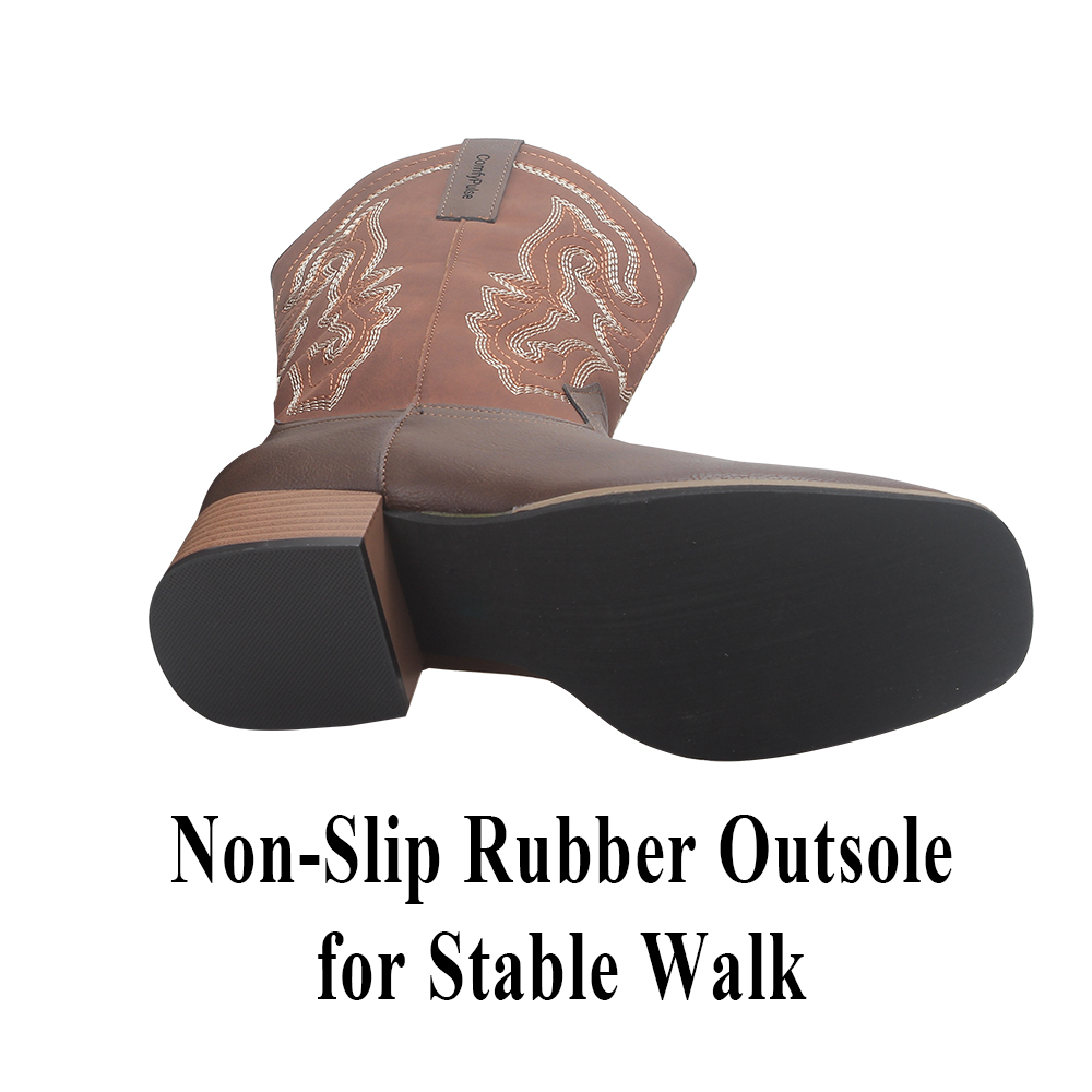 ComfyPulse Western Style Low Heel Comfort Cowboy Boots - Women's Wide Calf Square Toe Embroidered Boots, Non-Slip Mid-Calf Daily Wear Booties