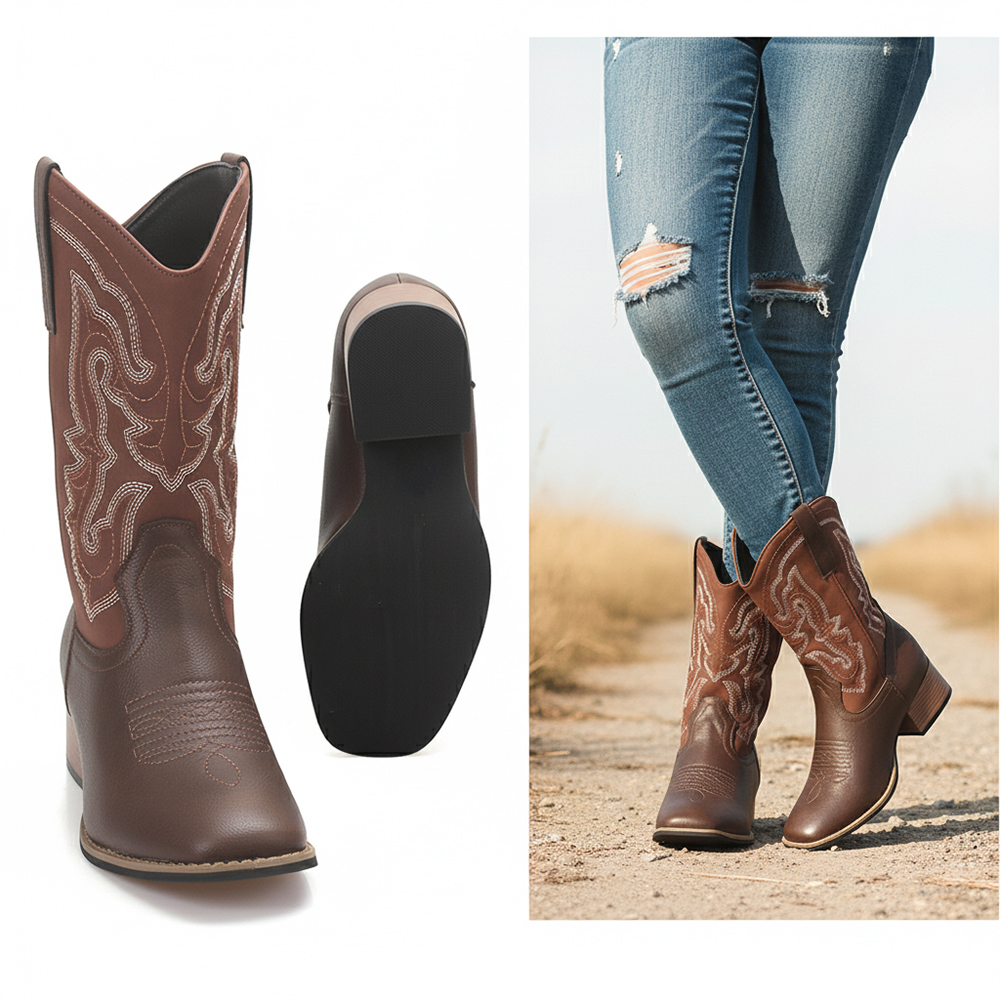 ComfyPulse Western Style Low Heel Comfort Cowboy Boots - Women's Wide Calf Square Toe Embroidered Boots, Non-Slip Mid-Calf Daily Wear Booties