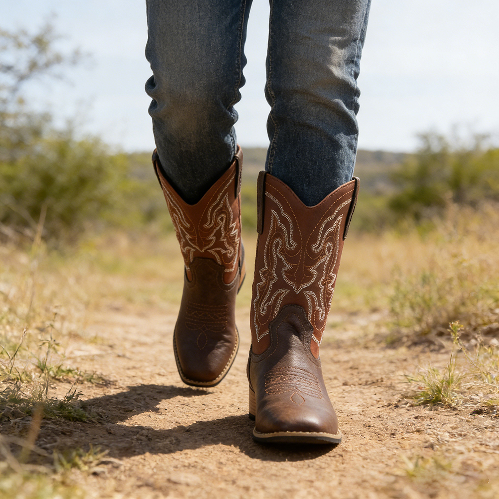 ComfyPulse Western Style Low Heel Comfort Cowboy Boots - Women's Wide Calf Square Toe Embroidered Boots, Non-Slip Mid-Calf Daily Wear Booties