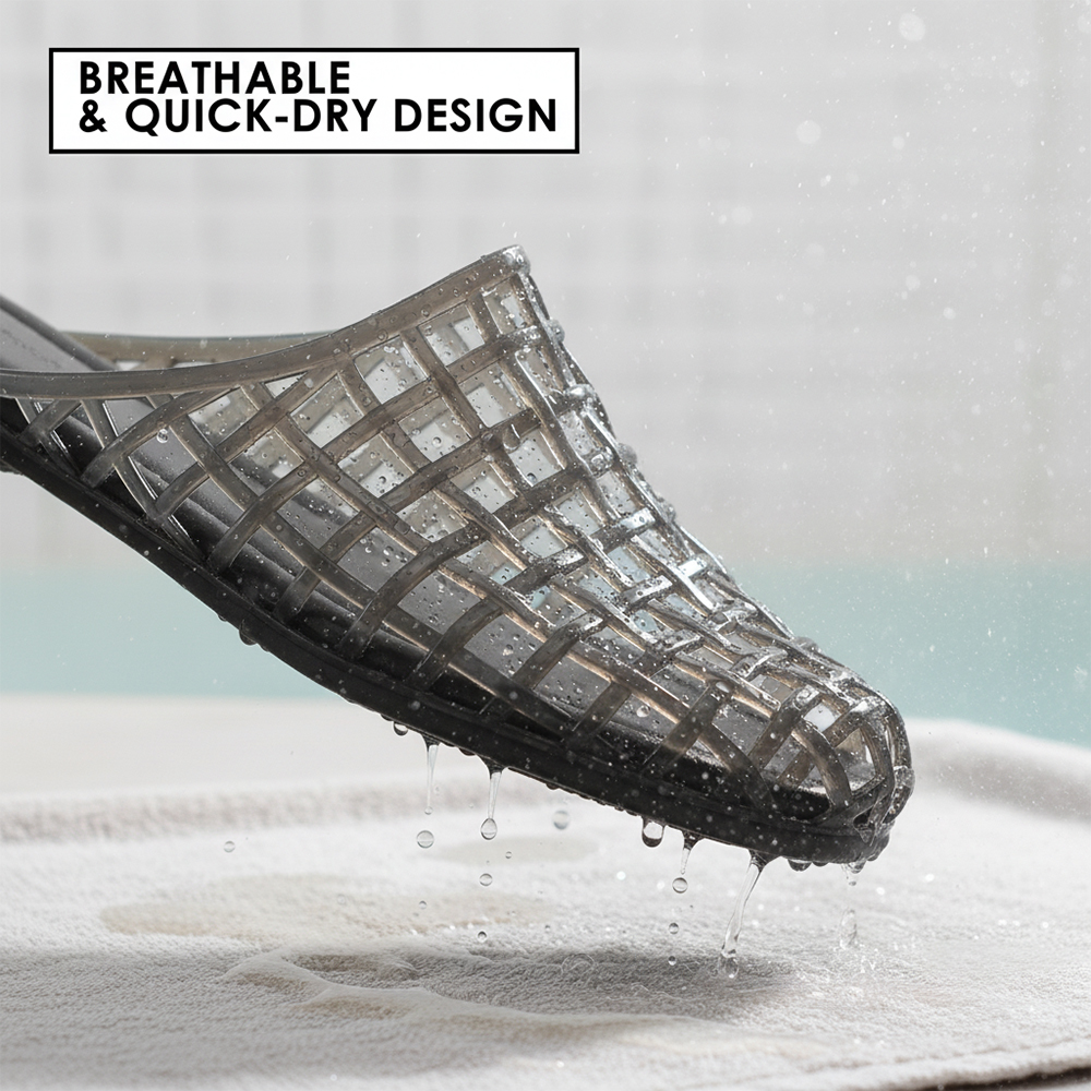 Comfypulse Women's Clear Hollow Mesh Jelly Slides - Non-Slip Slip-On Round Toe Sandals, Comfort Flat Shoes for Summer Beach & Daily Wear