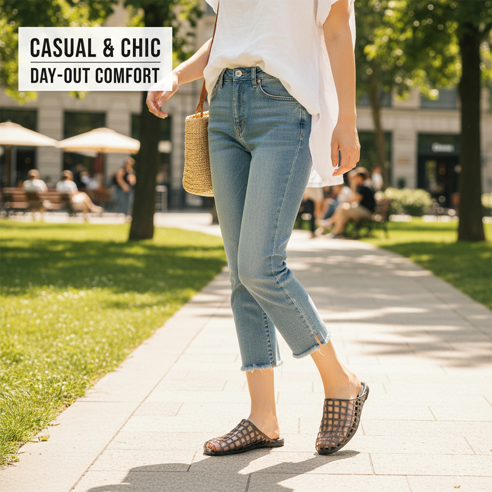 Comfypulse Women's Clear Hollow Mesh Jelly Slides - Non-Slip Slip-On Round Toe Sandals, Comfort Flat Shoes for Summer Beach & Daily Wear