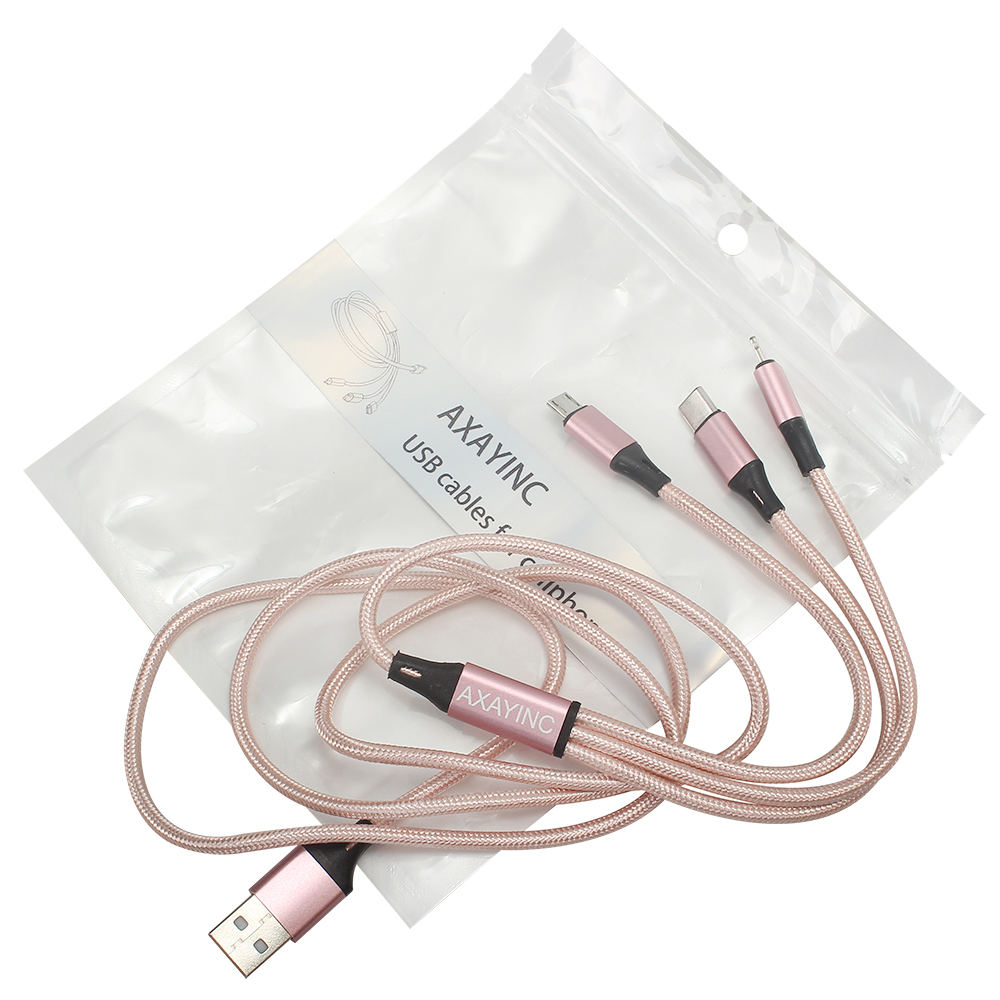 AXAYINC USB cables for cellphones Three in one data cable with Apple/Android/Type-C interface, compatible with multiple devices, braided cable, tear resistant