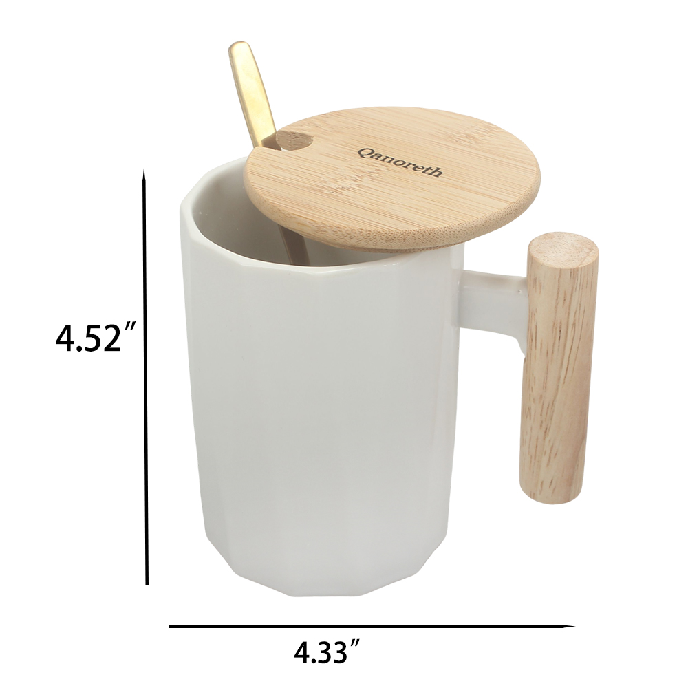 Qanoreth Mugs,330ml Unique Ceramic Mug with Bamboo Lid & Gold-Tone Spoon | Ideal for Coffee, Tea, and Water at Home or Office