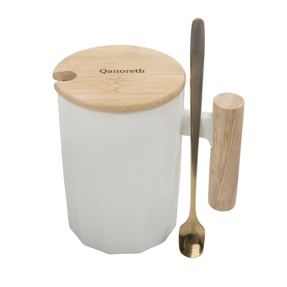 Qanoreth Mugs,330ml Unique Ceramic Mug with Bamboo Lid & Gold-Tone Spoon | Ideal for Coffee, Tea, and Water at Home or Office