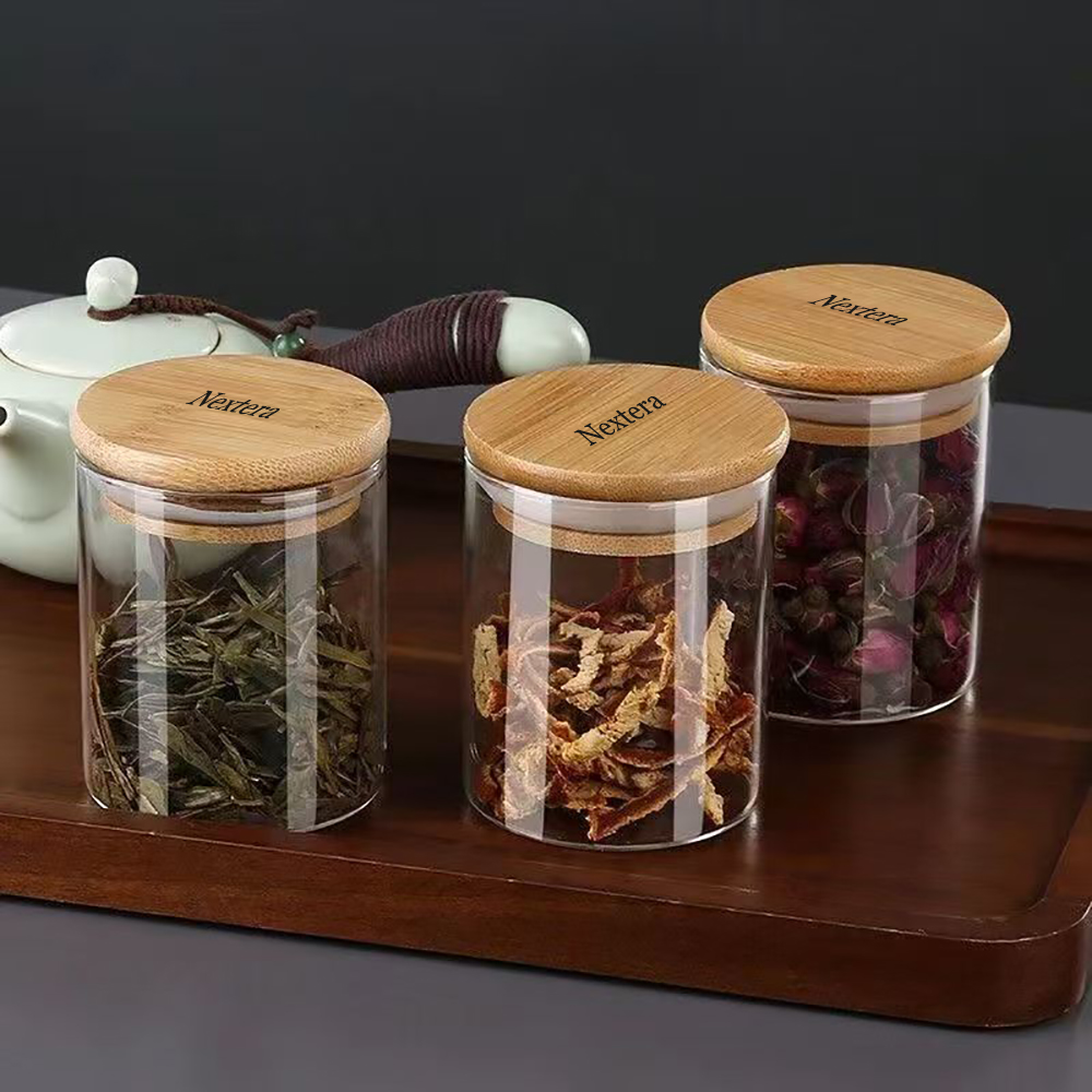 Nextera 200ml Containers for household or kitchen use Transparent glass material with bamboo sealing cover
