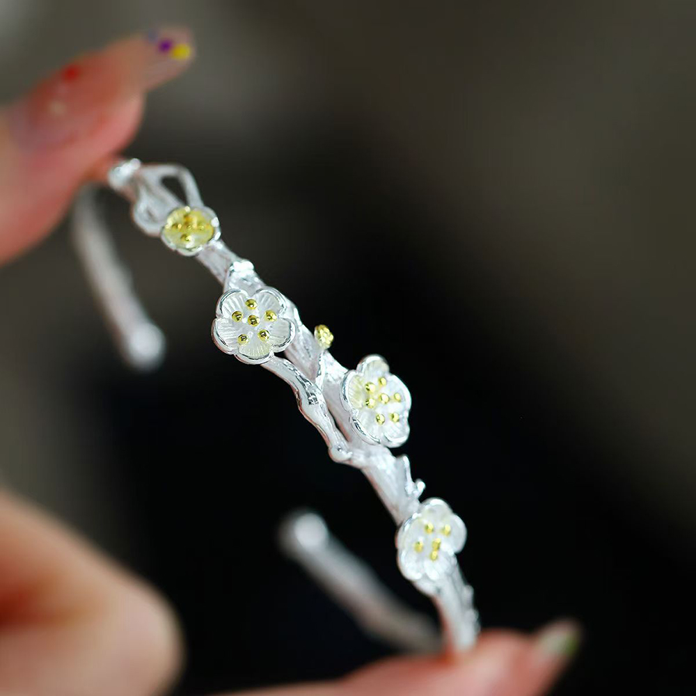 KIOGIU Bangles,S925 Sterling Silver Plum Blossom Branch Bracelet - Vintage-Inspired Open Cuff Bangle for Women, Perfect for Daily Wear, Parties, and Anniversary Gifts