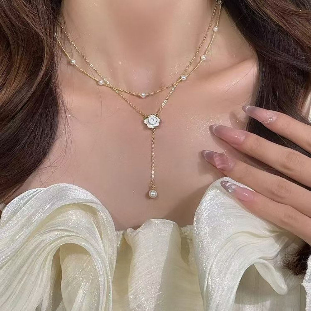 KIOGIU Necklaces [jewellery] Double layer tassel pearl necklace S925 silver camellia collarbone chain versatile