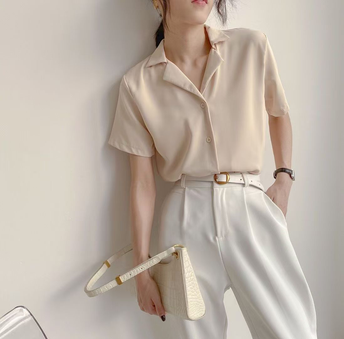 M. ORO CASHMERE Business wear,namely namely Women's short sleeved lapel solid color top for summer