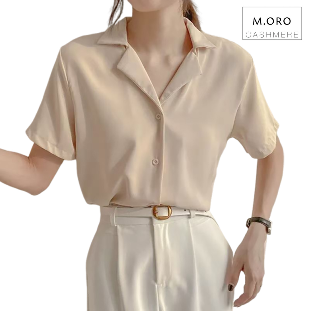 M. ORO CASHMERE Business wear,namely namely Women's short sleeved lapel solid color top for summer