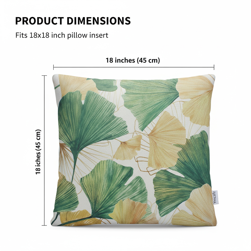 Ymcafz Ginkgo Leaf Decorative Pillow Covers 18x18inch Set of 2, - Modern Green & Gold Botanical Throw Cushion Cases for Sofa Couch Living Room Bedroom