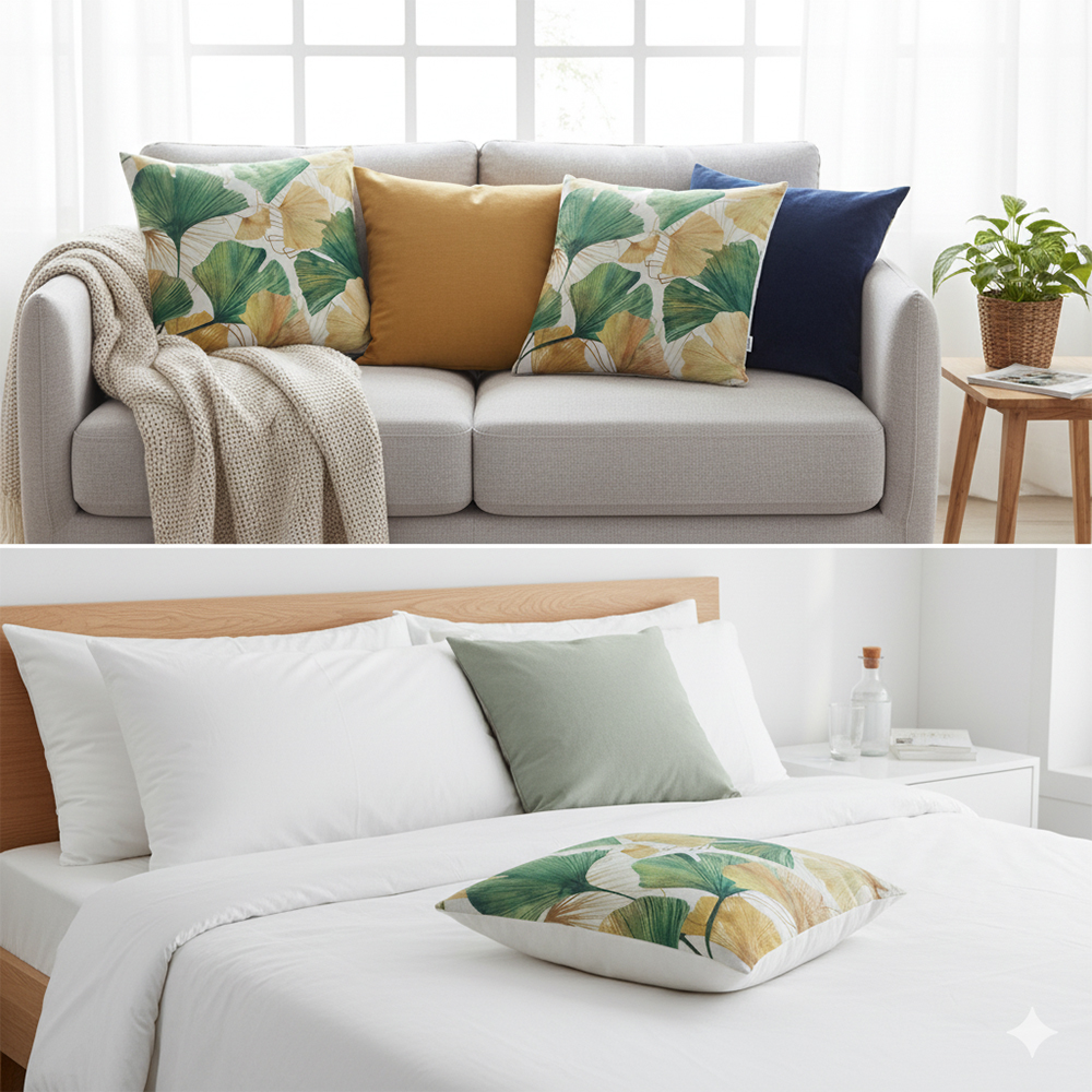 Ymcafz Ginkgo Leaf Decorative Pillow Covers 18x18inch Set of 2, - Modern Green & Gold Botanical Throw Cushion Cases for Sofa Couch Living Room Bedroom