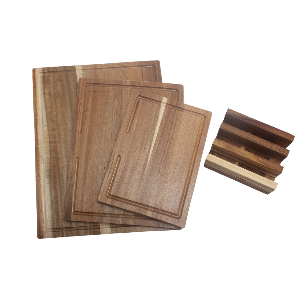 TAZURE 3-Piece Wood Cutting Board Set with Holder,Kitchen Chopping Boards with Juice Grooves,Ideal for Meat, Vegetables, Bread, and as a Charcuterie Platter
