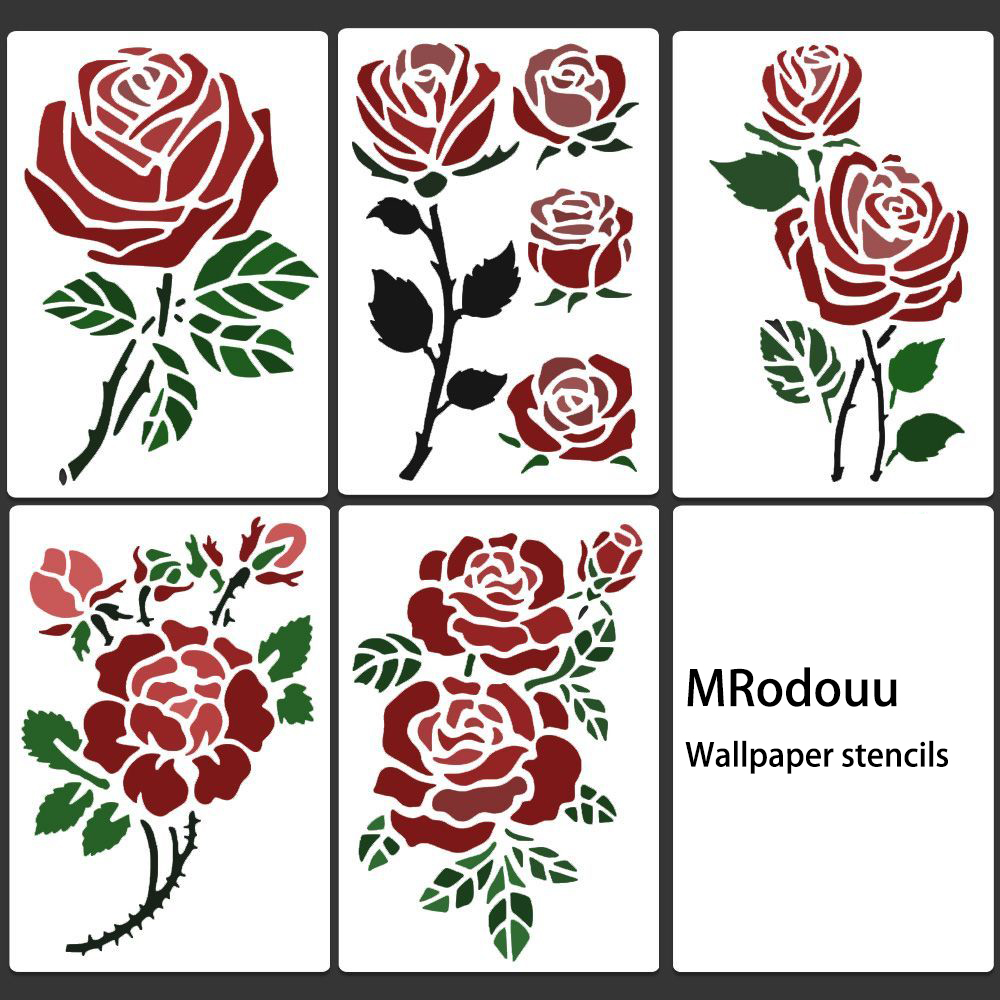 MRodouu 5 Pack Rose Stencils for Wall Painting, Reusable Floral Wallpaper Stencils for DIY Home Decor, Painting on Canvas, Wood, and Walls