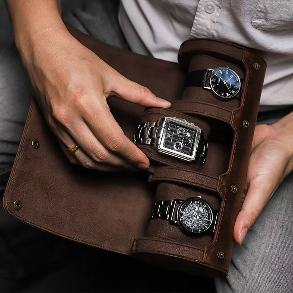 HAPPY HACHI Vintage Crazy Horse Leather Watch Roll Case, Portable Travel Watch Organizer for 3 Watches - Leather Watch Case for Daily Display & Business Travel