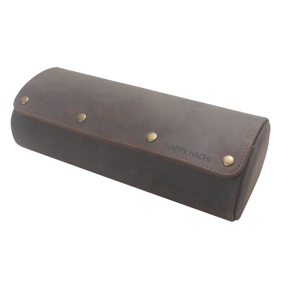 HAPPY HACHI Vintage Handmade Crazy Horse Leather Watch Roll Case, Portable Travel Watch Organizer for 3 Watches - Leather Watch Case