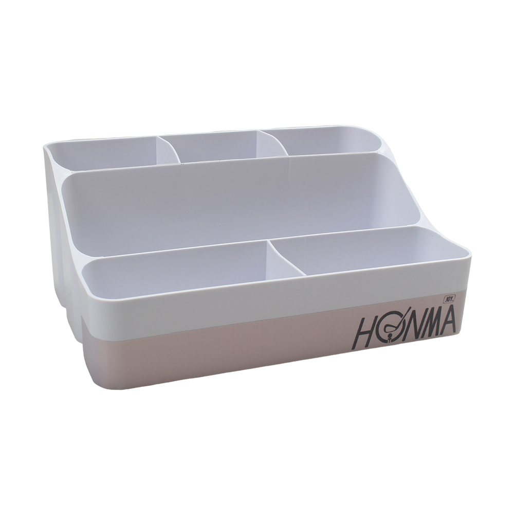 JOY.HONMA Desktop Stationery Organizer Box with 6 Compartments for Office School Supplies - White Plastic Desk Storage for Pens, Pencils, and Accessories.