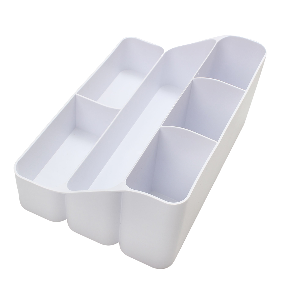 JOY.HONMA Desktop Stationery Organizer Box with 6 Compartments for Office School Supplies - White Plastic Desk Storage for Pens, Pencils, and Accessories.