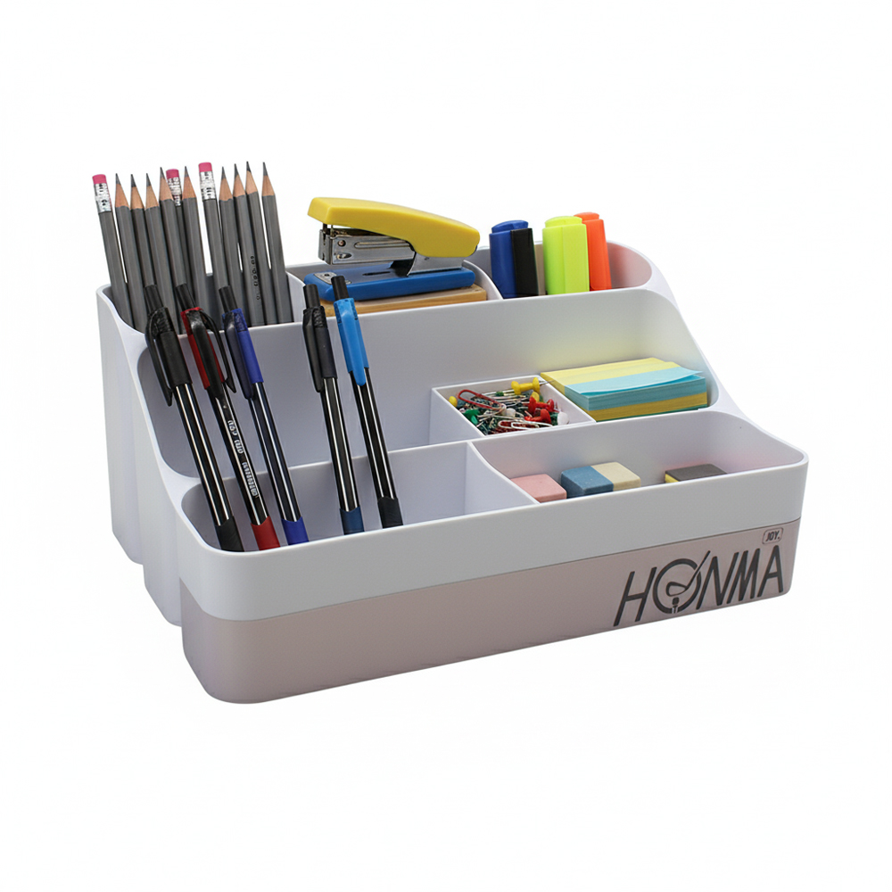JOY.HONMA Desktop Stationery Organizer Box with 6 Compartments for Office School Supplies - White Plastic Desk Storage for Pens, Pencils, and Accessories.