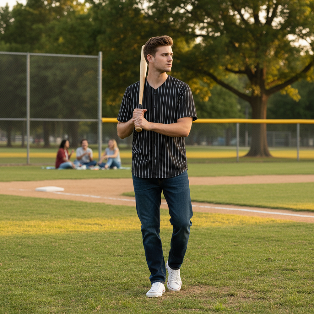 ONJSYW Stylish Striped Baseball Uniforms Shirt - Unisex Summer Casual Sportswear, Perfect for Music Festivals, Vacations & Athleisure.