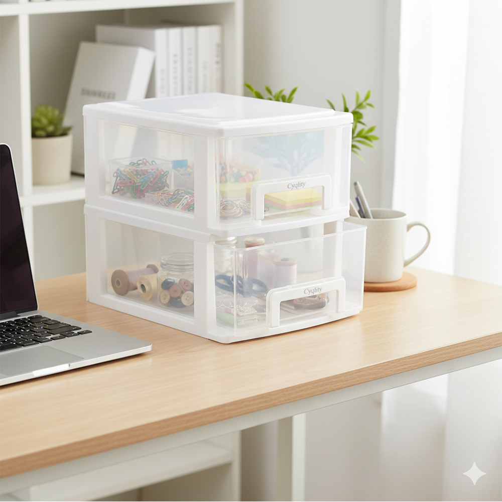 Cyqlity Stackable Desktop Organizer Drawer, Clear Plastic Storage Box for Office Supplies, Non-metal storage boxes for general use, Perfect for Desk, Stationery, and Small Parts Organization