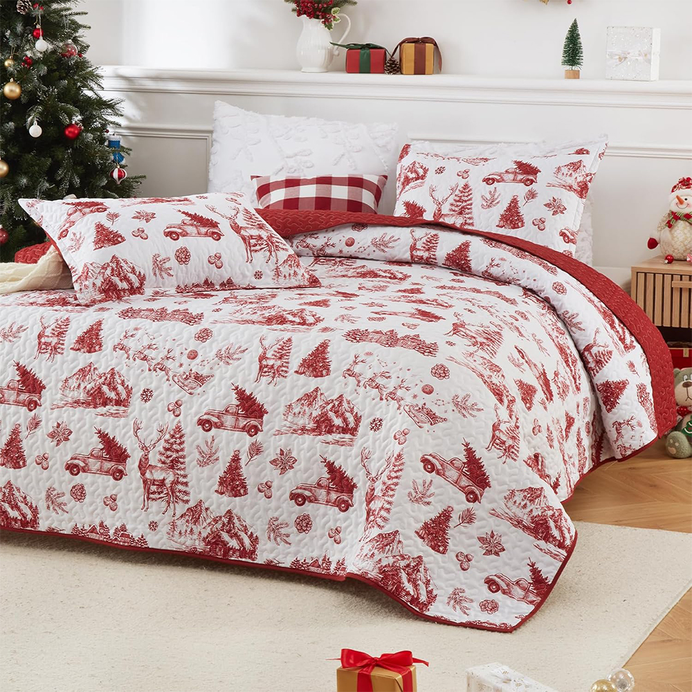 DreLunis Farmhouse Christmas Bed Quilt with Vintage Truck & Tree Pattern, Soft Lightweight Reversible Coverlet for Seasonal Comfort