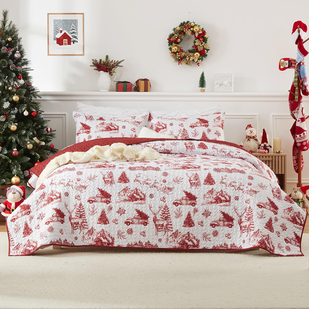 DreLunis Farmhouse Christmas Bed Quilt with Vintage Truck & Tree Pattern, Soft Lightweight Reversible Coverlet for Seasonal Comfort