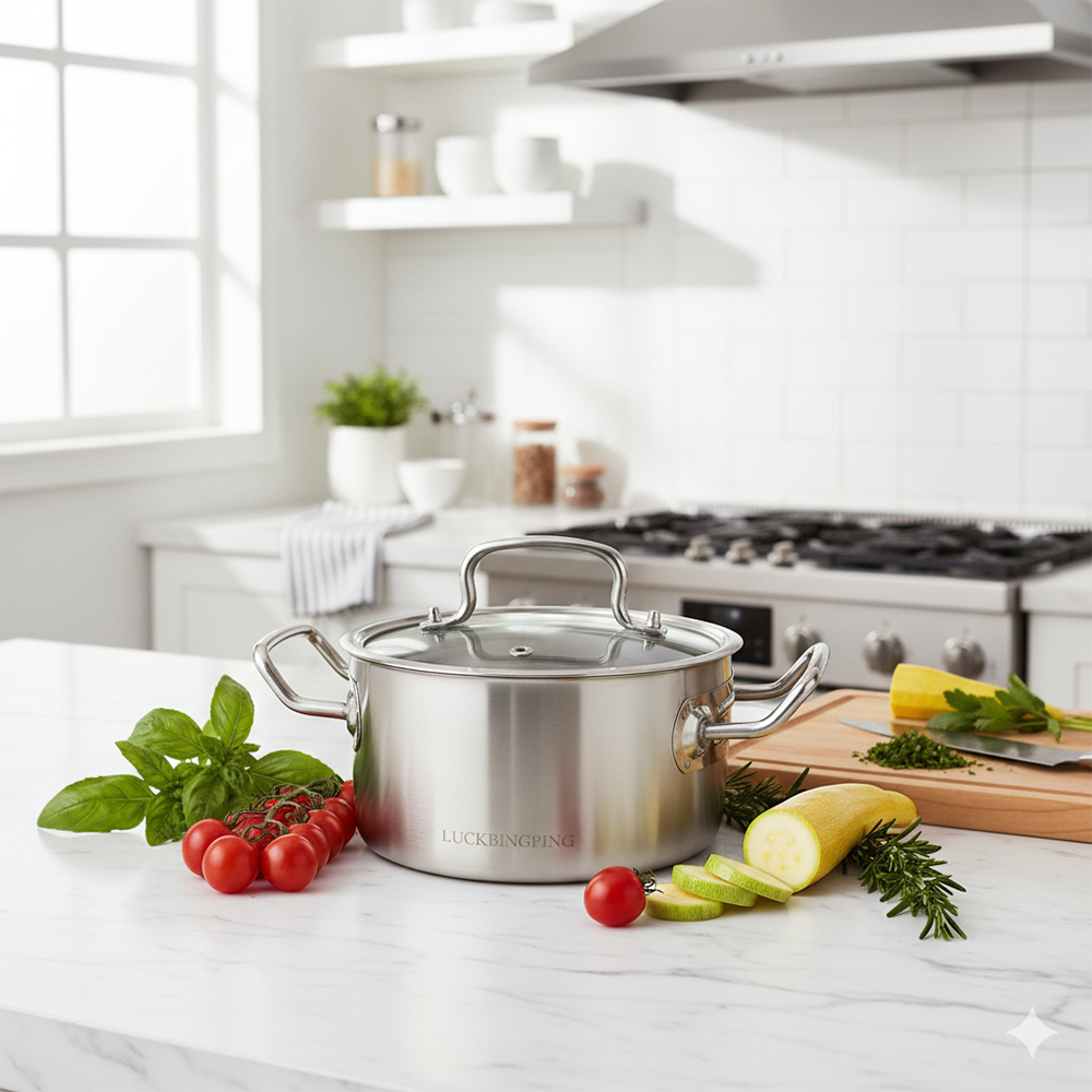 LUCKBINGPING Stainless Steel Stock Pot with Glass Lid – Versatile Cooking Pot for Soups, Stews & Pasta – Induction Compatible