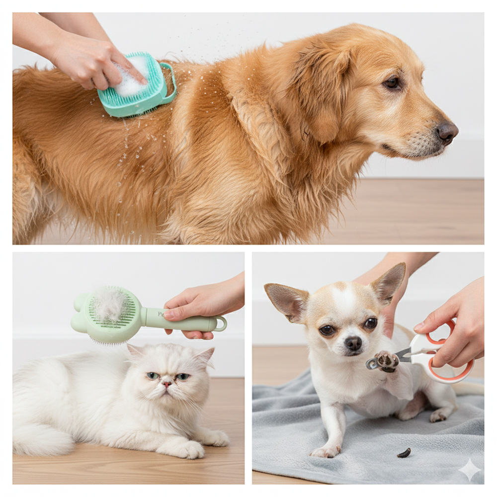 PearlOrion Pet Grooming Tools Kit with Self-Cleaning Slicker Brush, Silicone Bath Scrubber, and Nail Clippers for Dogs & Cats – Essential Combs and Brushes for Daily Grooming