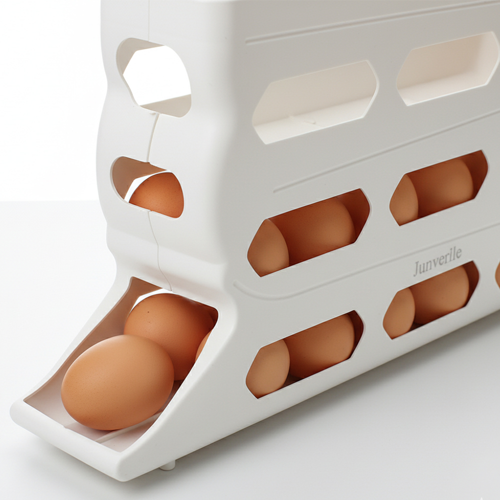 Junverllie Stackable Plastic Egg Dispenser for Refrigerator - Automatic Rolling Egg Storage Holder with Gravity Feed for Domestic Kitchen Use