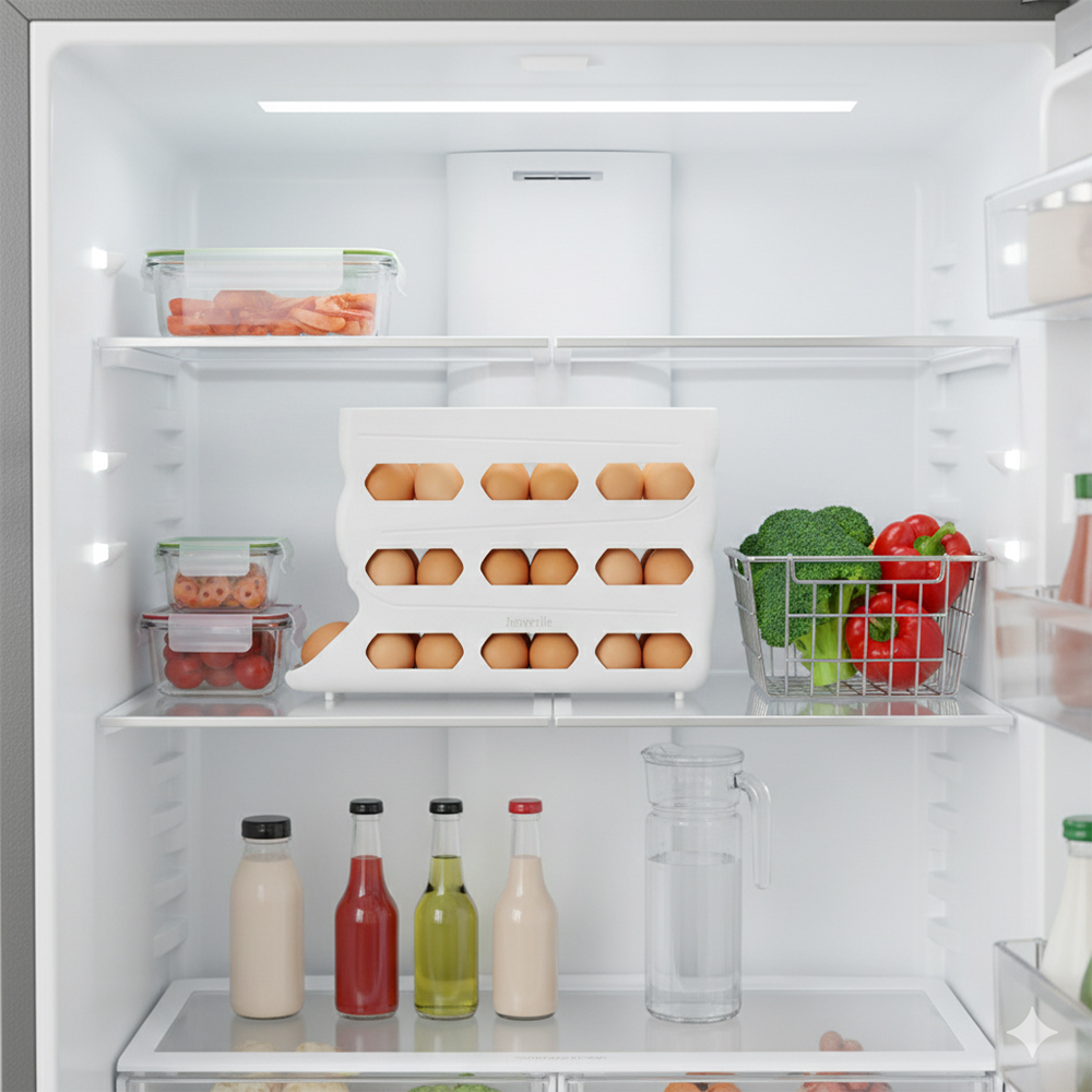 Junverllie Stackable Plastic Egg Dispenser for Refrigerator - Automatic Rolling Egg Storage Holder with Gravity Feed for Domestic Kitchen Use