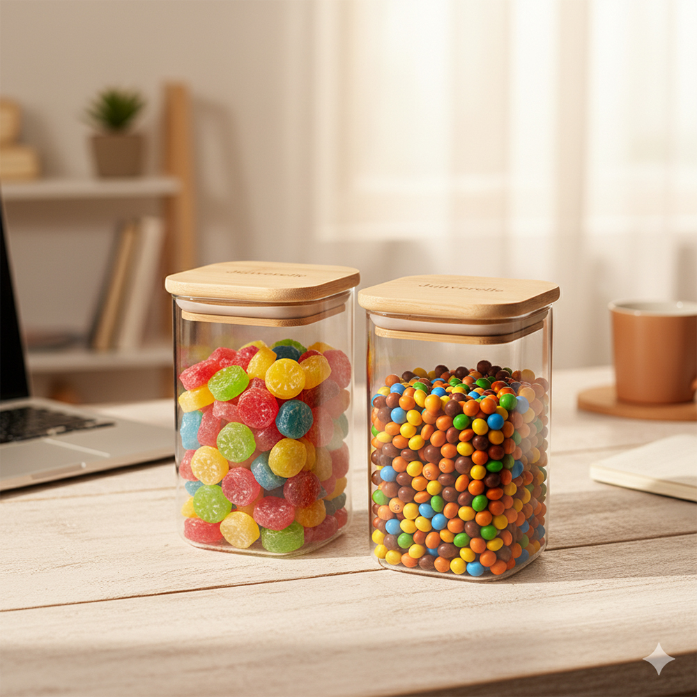 Junverelle Square Glass Canisters with Bamboo Lids - Airtight Food Storage Containers for Kitchen Use - Coffee, Tea, Sugar, Flour, Spices & Pantry Organization - 300ml 2-Pack