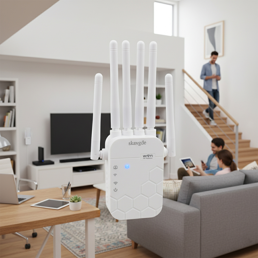 skavgde Computer Hardware, namely, Wireless Network Repeater - High-Speed WiFi Range Extender for Large Homes & Multi-Floor Offices, Boosts Coverage