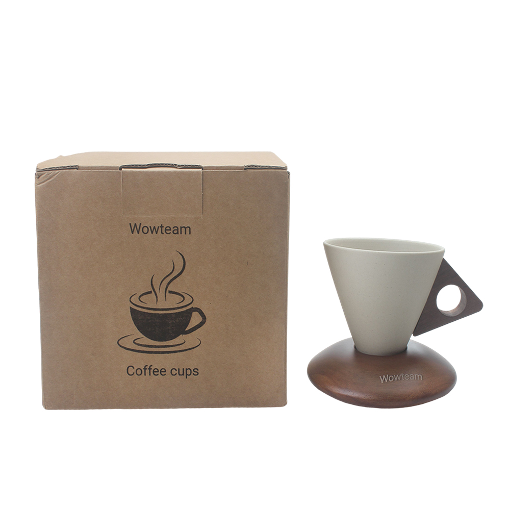 Wowteam Unique Conical Ceramic Coffee Cups Set with Wooden Saucer & Handle - Perfect for Home, Office, Afternoon Tea