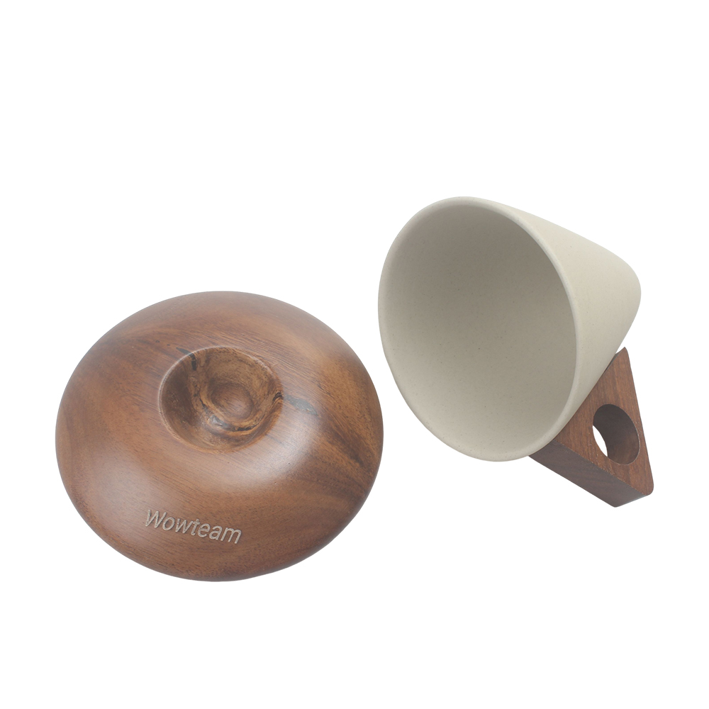 Wowteam Unique Conical Ceramic Coffee Cups Set with Wooden Saucer & Handle - Perfect for Home, Office, Afternoon Tea
