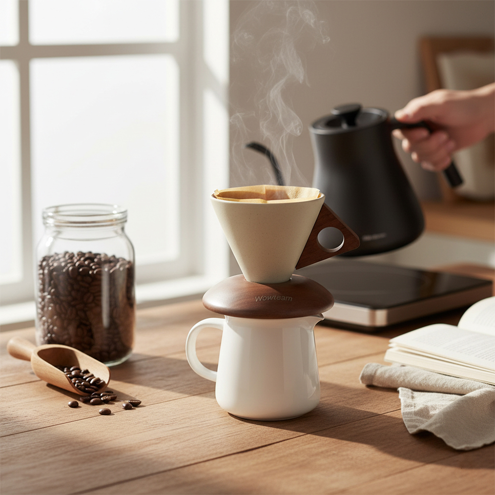 Wowteam Unique Conical Ceramic Coffee Cups Set with Wooden Saucer & Handle - Perfect for Home, Office, Afternoon Tea