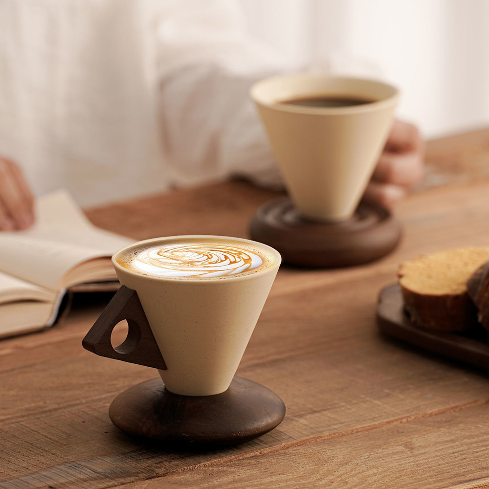 Wowteam Unique Conical Ceramic Coffee Cups Set with Wooden Saucer & Handle - Perfect for Home, Office, Afternoon Tea
