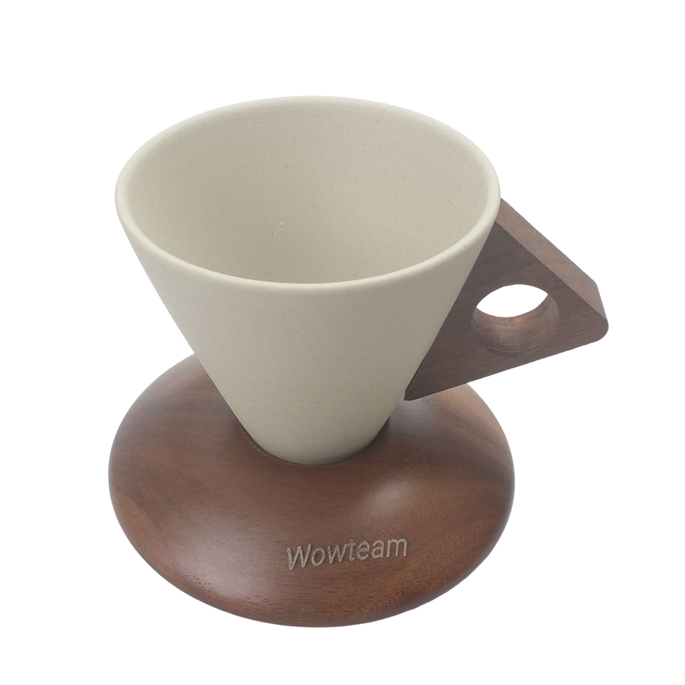 Wowteam Unique Conical Ceramic Coffee Cups Set with Wooden Saucer & Handle - Perfect for Home, Office, Afternoon Tea - Ideal Gift for Coffee Lovers