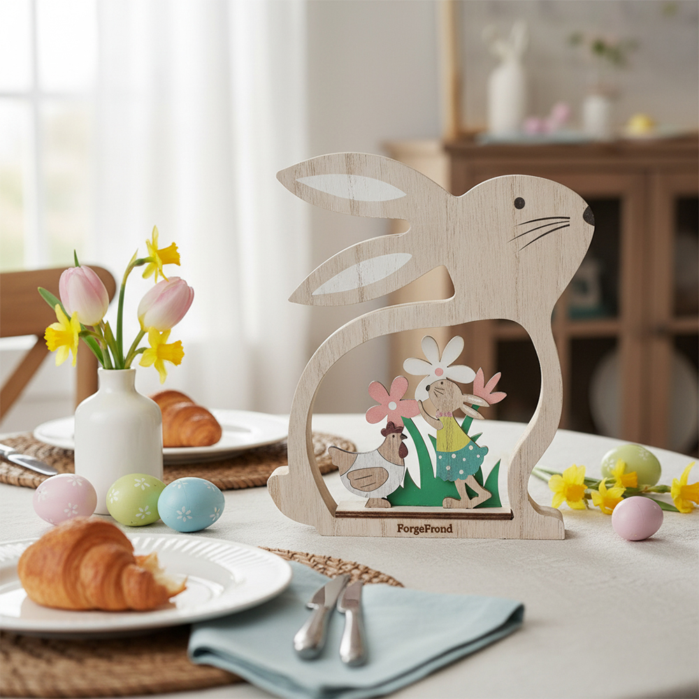 ForgeFrond Works of art of natural wood, Easter Bunny & Chicken Scene Decoration for Spring Home Decor & Holiday Gifting