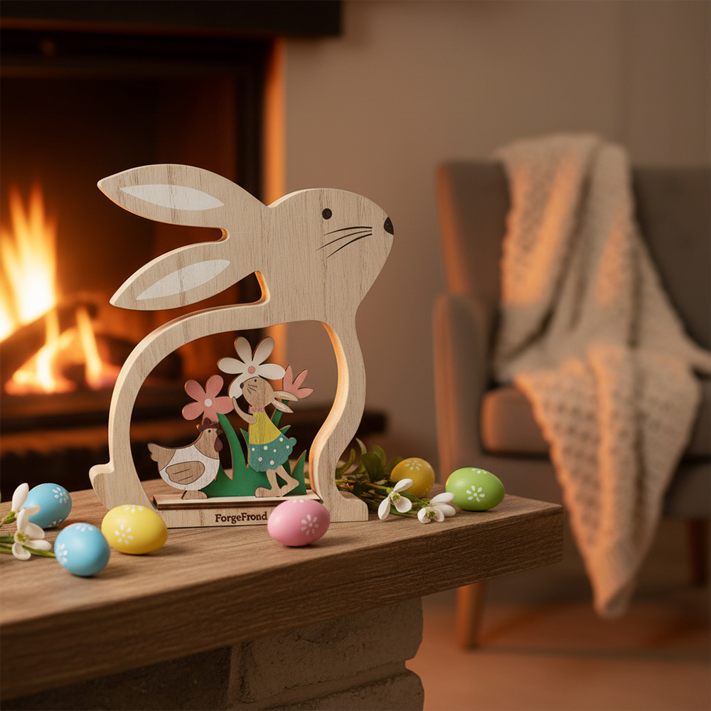 ForgeFrond Works of art of natural wood, Easter Bunny & Chicken Scene Decoration for Spring Home Decor & Holiday Gifting
