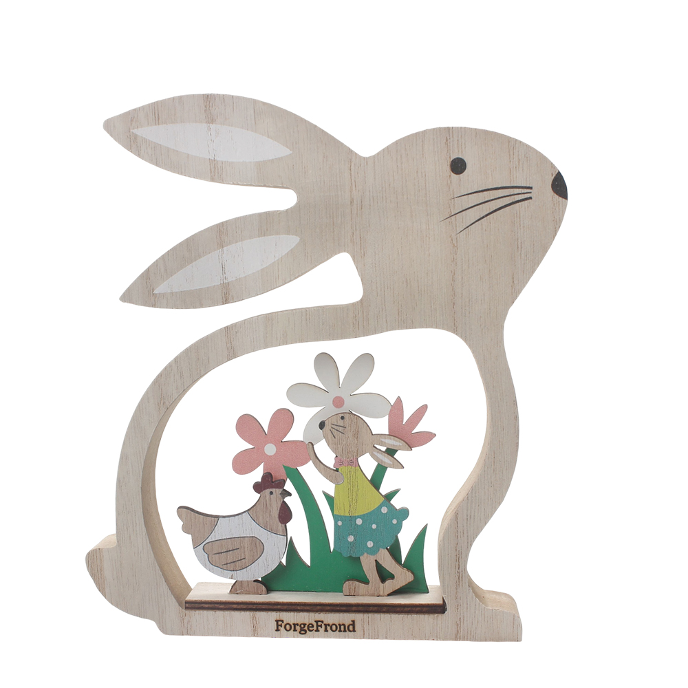 ForgeFrond Works of art of natural wood, Easter Bunny & Chicken Scene Decoration for Spring Home Decor & Holiday Gifting