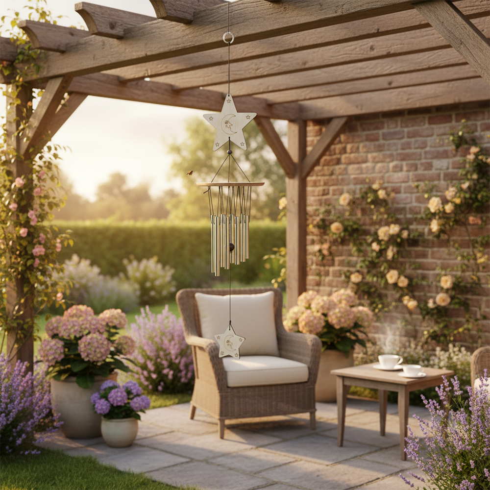 ForgeFrond Natural Style Wooden Moon Star Wind Chime - Balcony Garden Ornament, Unique Outdoor Wooden Whirligig Decor