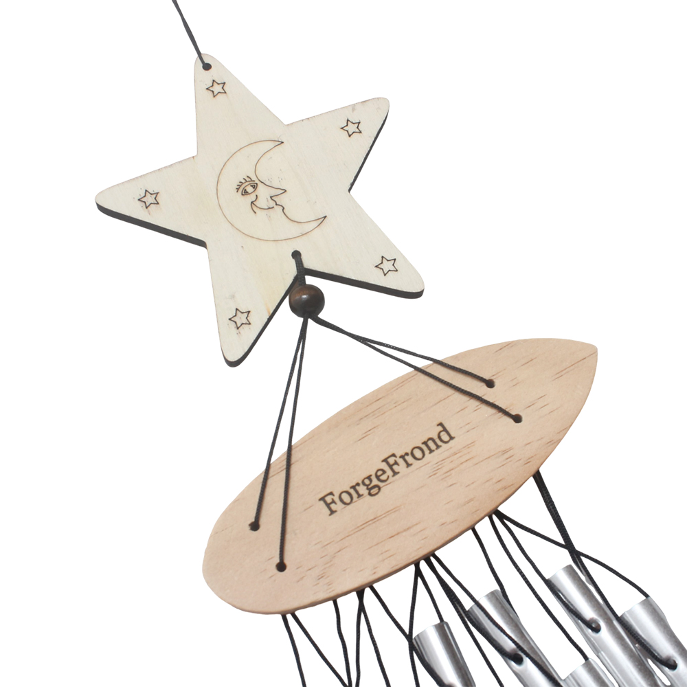 ForgeFrond Natural Style Wooden Moon Star Wind Chime - Balcony Garden Ornament, Unique Outdoor Wooden Whirligig Decor