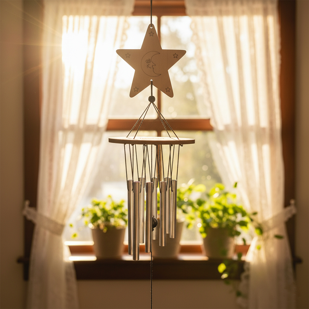 ForgeFrond Natural Style Wooden Moon Star Wind Chime - Balcony Garden Ornament, Unique Outdoor Wooden Whirligig Decor