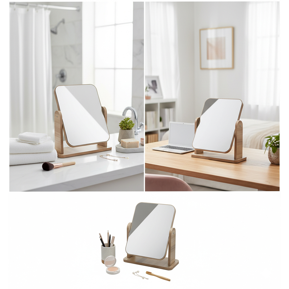 Forlovv 360-Degree Rotatable Mirrors, High-Definition Wooden Tabletop Makeup Mirror for Bedroom Vanity, Bathroom Sink & Daily Grooming